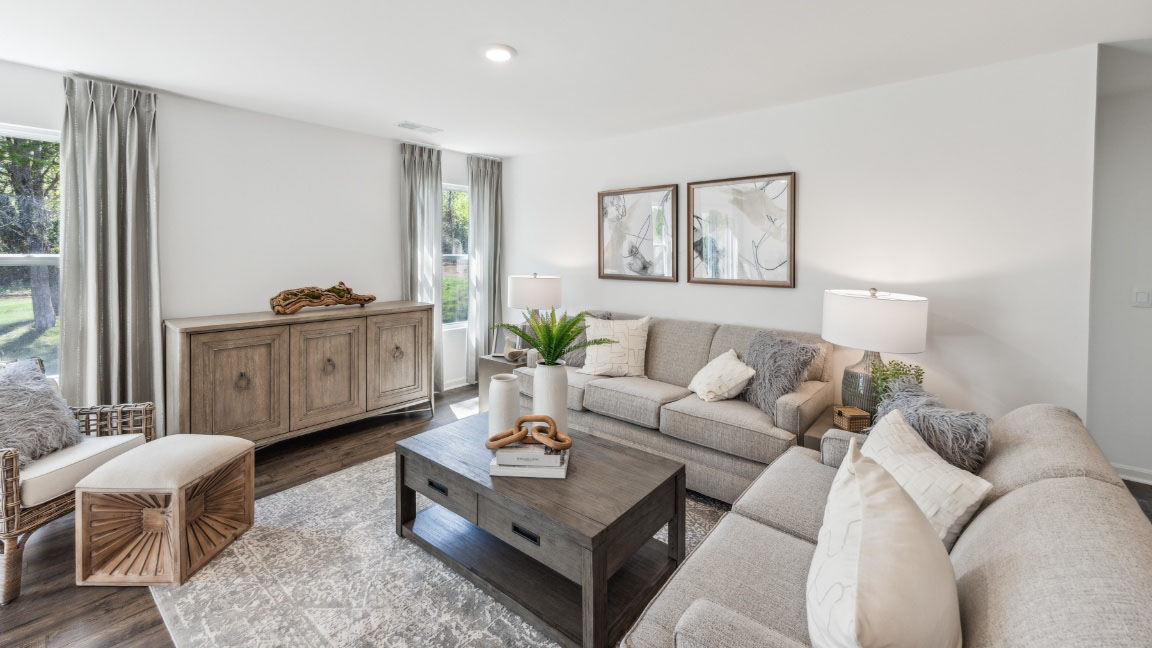 Living room with two single windows, two couches, coffee table, rug, and LVP flooring.