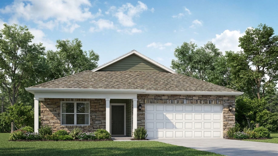Rendering of Harmony D4 plan with green siding, stone accents, a covered front porch, and a 2-car attached garage.