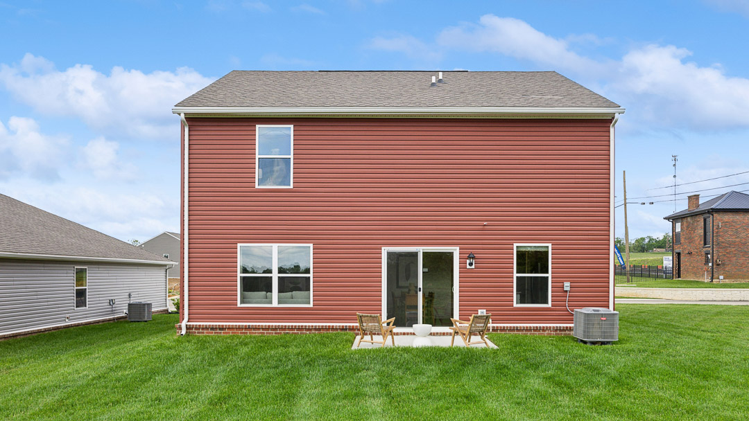 Rear view of Bellamy floor plan with red siding.