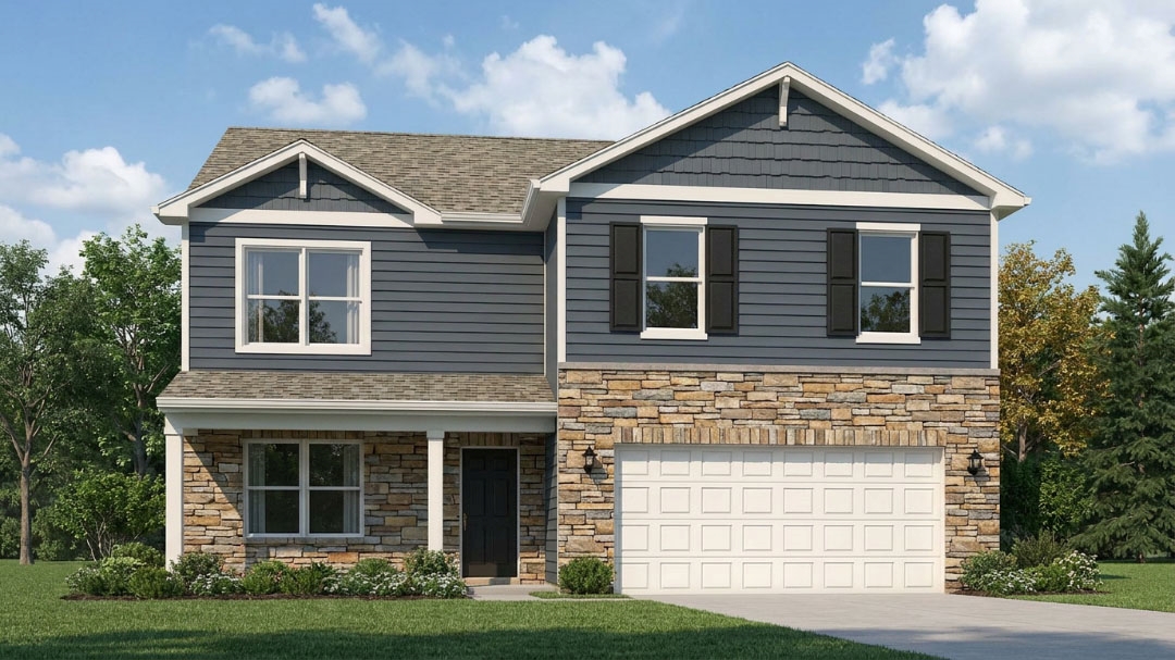 Rendering of Henley B4 plan with riverway vinyl siding, stone accents, a covered front porch, and a 2-car attached garage.