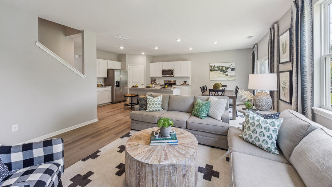 Living room with double window, two couches, accent chair, coffee table, rug, and LVP flooring.