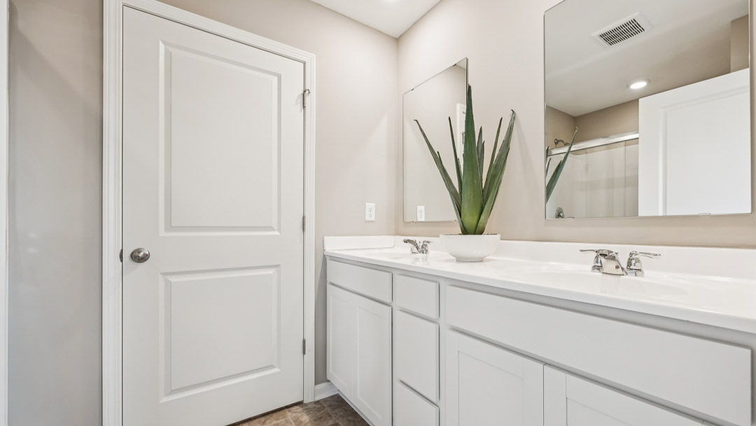 Primary bathroom with white double bowl vanity.