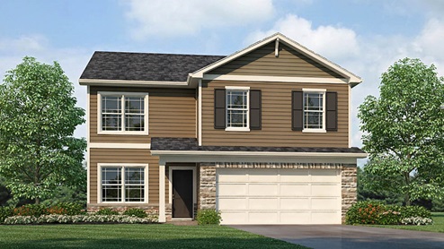 Two story brick home with two car garage.