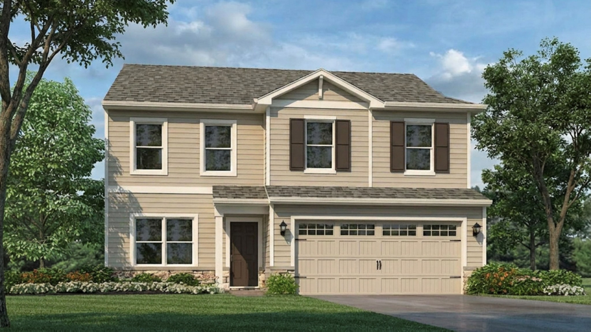 Rendering of Pendleton A2 plan by D.R. Horton Homes. It features a covered front stoop, stone accents, and a 2-car attached garage. A new home located in Hidden Forest in Louisville, Kentucky.