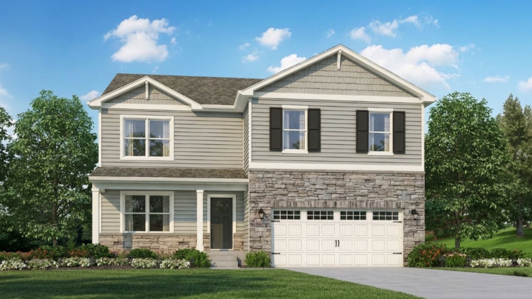 Rendering of Henley floorplan that features a covered front porch and a 2-car attached garage.