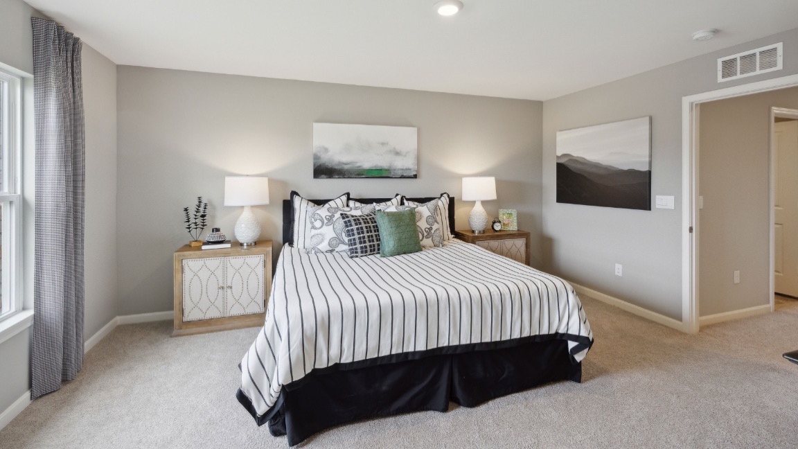 Primary bedroom with light gray walls.
