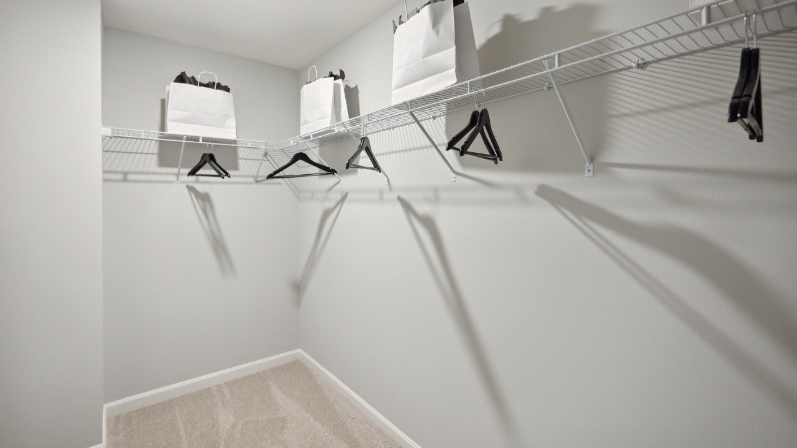 Primary closet with carpeted floors.