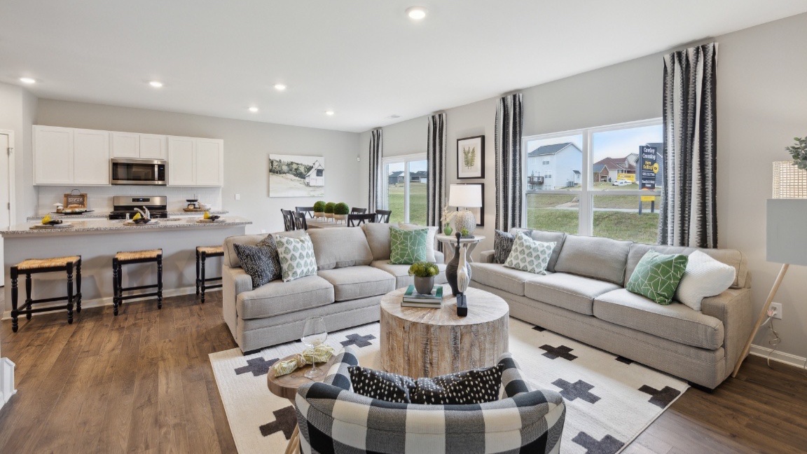 Living room with light brown flooring.