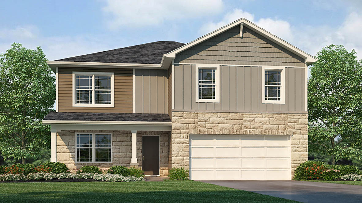 Rendering of floorplan with partial brick siding.