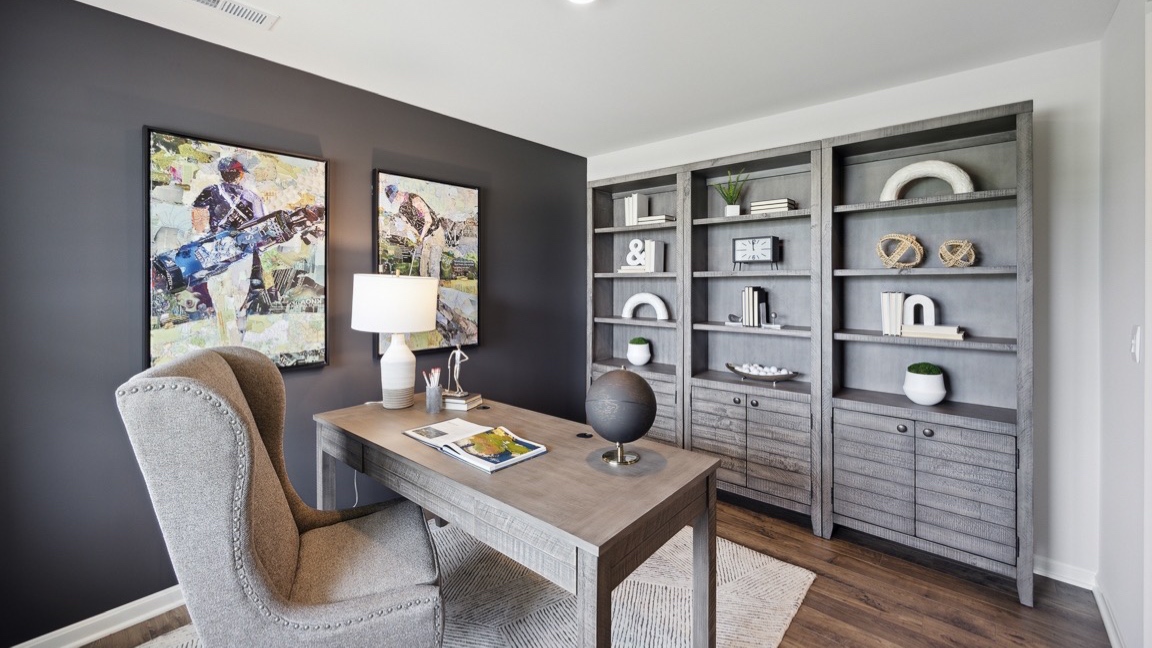 Flex room near front door decorated as home office