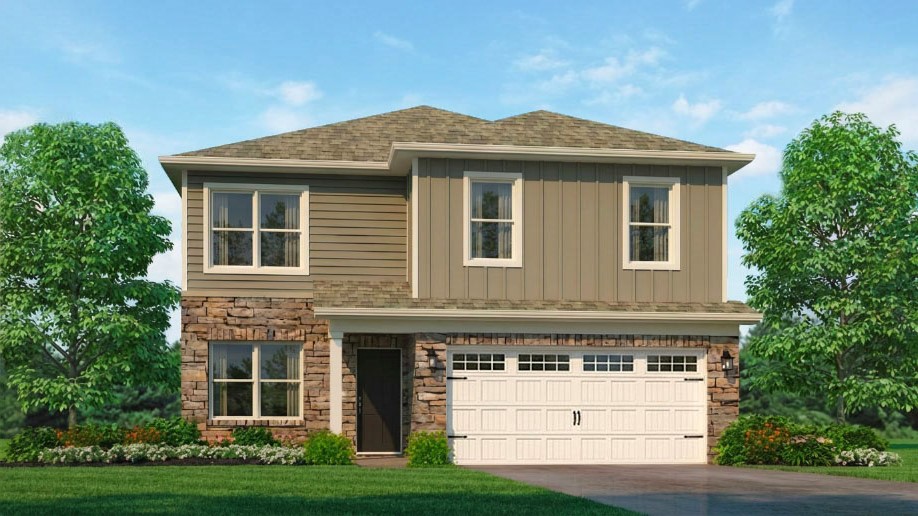 Rendering of 2 story Bellamy plan with a covered stoop and 2 car attached garage.