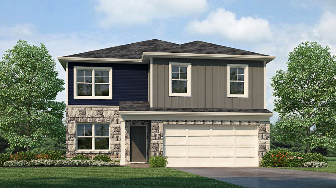 Rendering of 2 story Bellamy plan with covered front stoop and 2 car attached garage