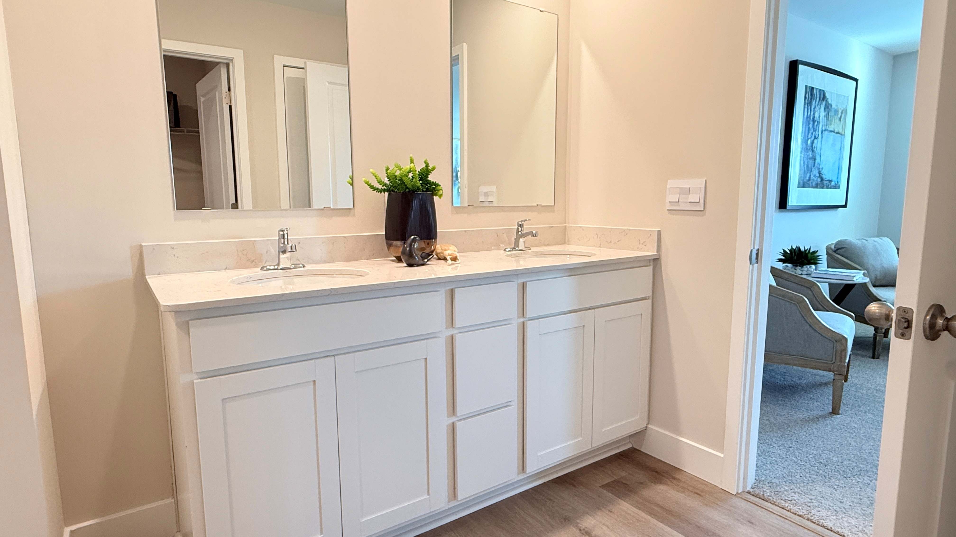 Double bowl vanity in the primary bathroom.