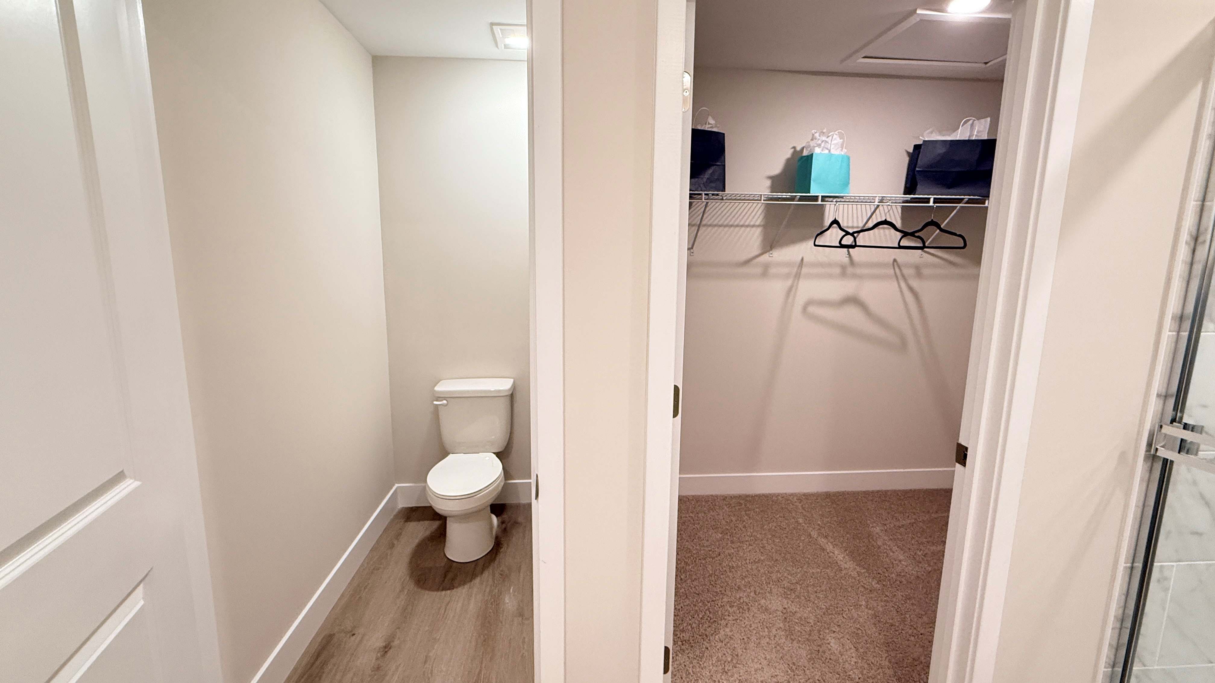 Water closet and walk-in closet in the primary bathroom.
