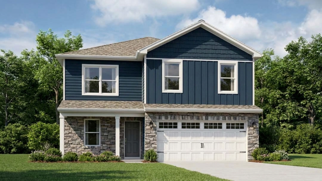Rendering of Bellamy D4 plan with blue siding, stone accents, a covered front porch, and a 2-car attached garage.