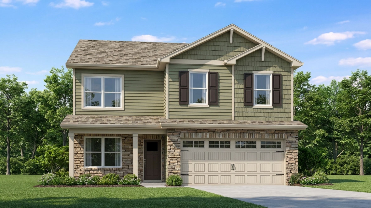 Rendering of Bellamy B4 floor plan with green siding, stone accents, covered front porch, and 2-car attached garage