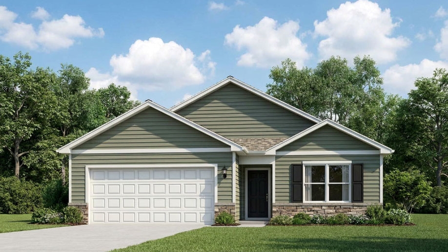 Rendering of Harmony A2 floor plan with green siding, stone skirt accents, a covered front stoop, and a 2-car attached garage.