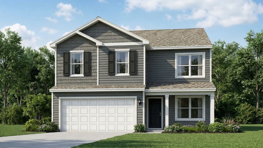 Rendering of Bellamy B1 with a darker gray siding, a covered front porch, and a 2-car attached garage.