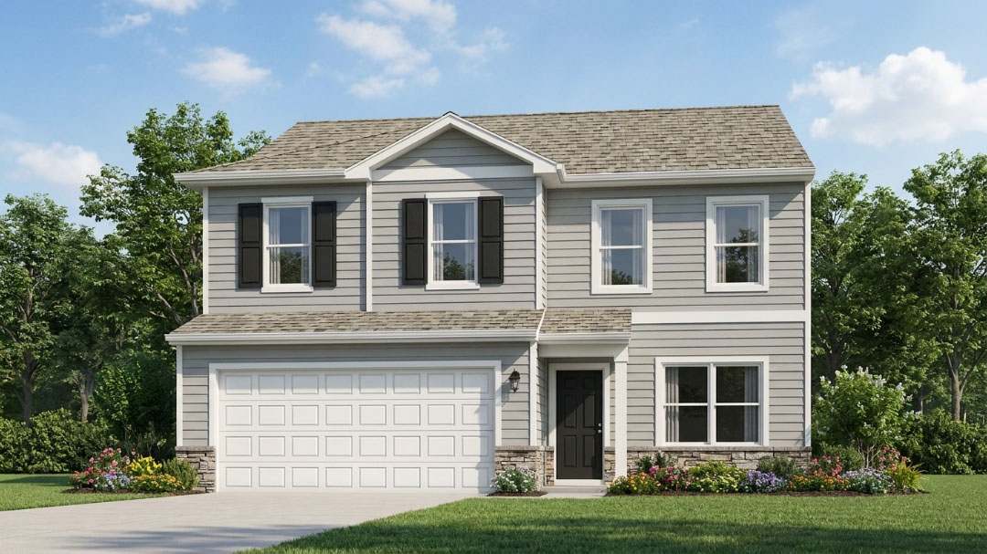 Rendering of Pendleton A2 floor plan with light gray vinyl siding, stone accents, a covered front stoop, and a 2-car attached garage.