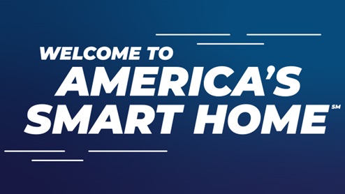 America's Smart Home® Technology featuring a smart video doorbell, smart Honeywell thermostat, Amazon Echo Pop, smart door lock, Deako smart light switches