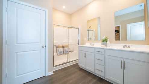 primary bathroom with double bowl vanity, shower and linen closet