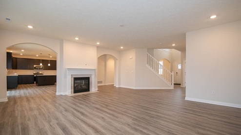 great room with double sided fireplace