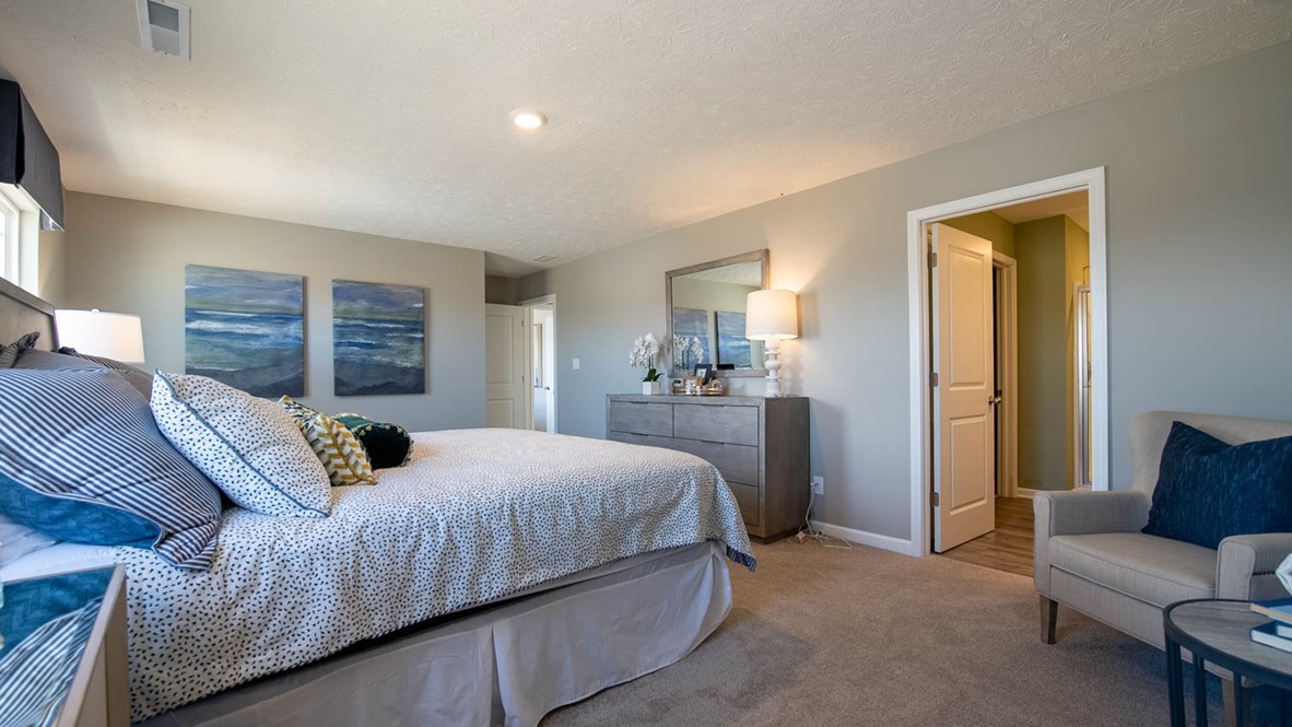 spacious primary bedroom with large en suite bathroom and walk in closet