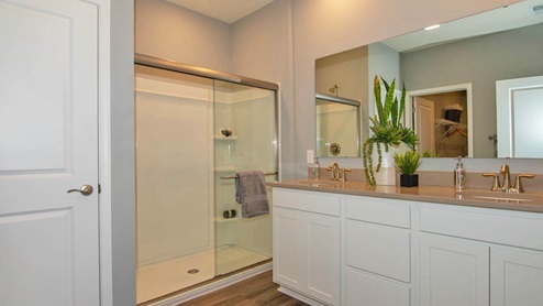 Main bathoom with dual vanities shower and private commode