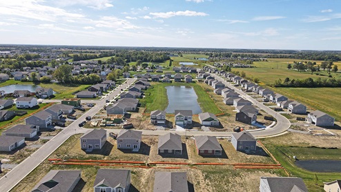 Meridian North at Springhurst aerial shot showing the community ponds and walking trails