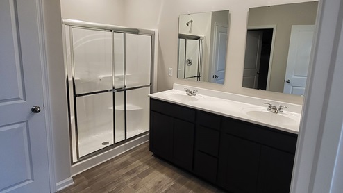 Primary bathroom with dual sinks and shower