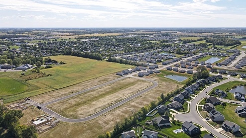 Meridian North at Springhurst aerial shot showing the community ponds and walking trails