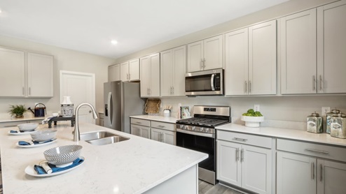 Kitchen showcasing new stainless steel appliances, cabinets, and countertops.
