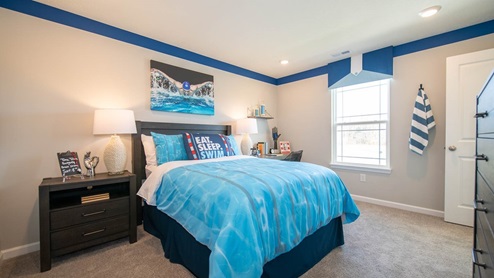 bedroom with blue accents and paint detail