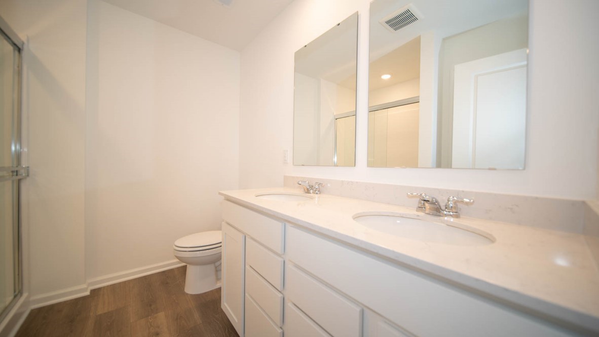 primary bathroom with dual vanity