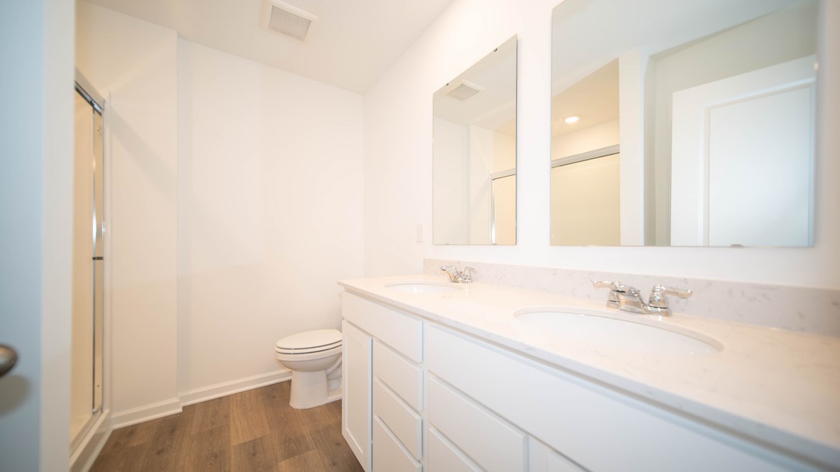 primary bathroom with dual vanity
