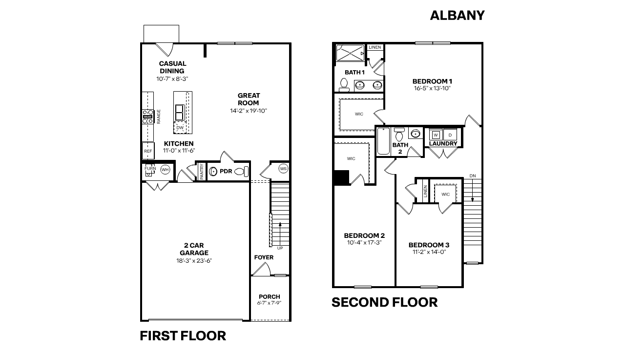 Albany Villa floor plan is a two-story floorplan with three bedrooms, two-and-a-half bathrooms, a two-car garage at 1,808 square feet.