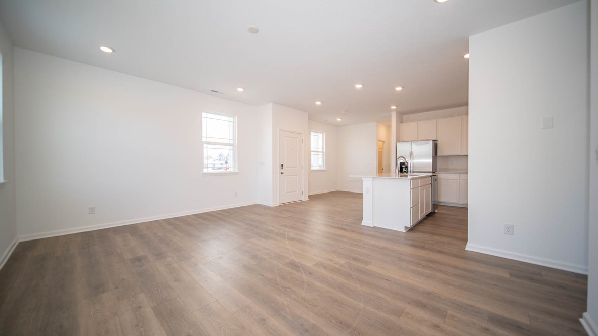 Open concept great room and kitchen area.