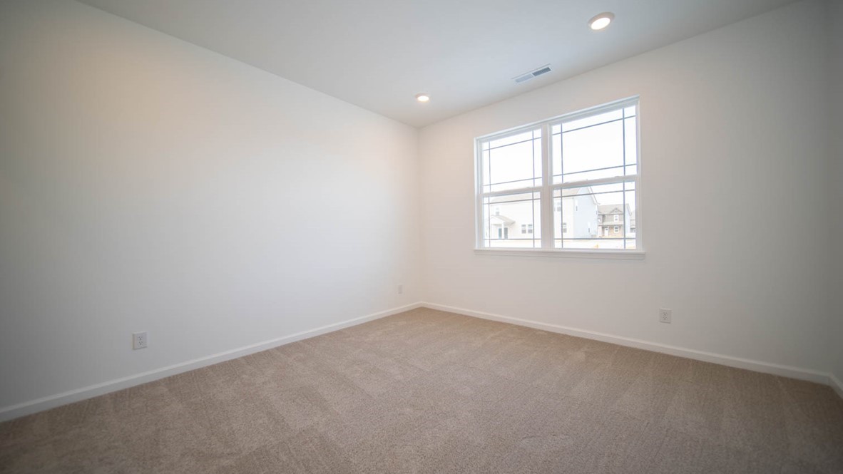 Primary bedroom with a double window and carpet flooring.