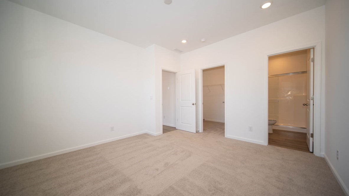 Primary bedroom with a walk-in closet with carpet flooring and access to a private bathroom.