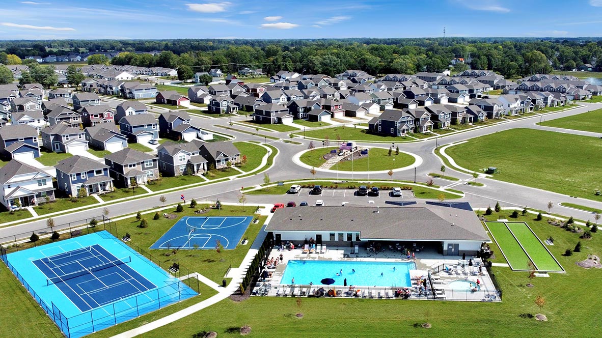 Ariel view of the Trailside amenity center including tennis and basket ball courts, swimming pool and bocce ball area.