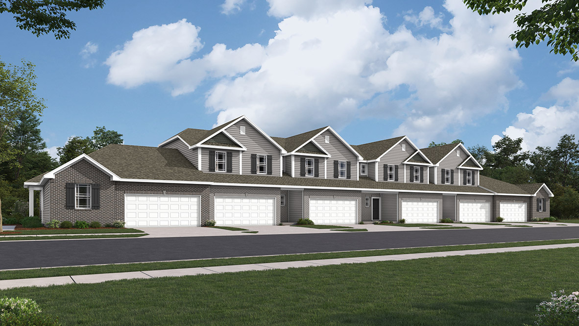 Exterior rendering of townhomes with brick on teh lower floor and sidiing on the second and two-car garages.