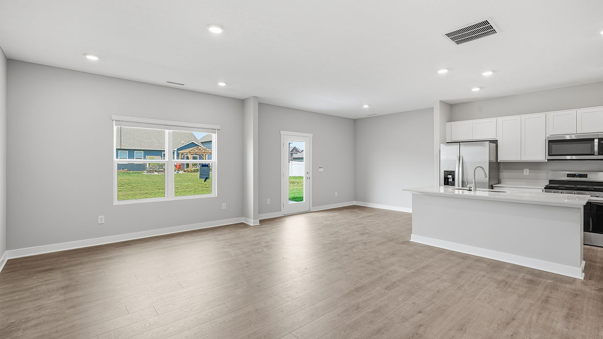 kitchen, dining, and great room