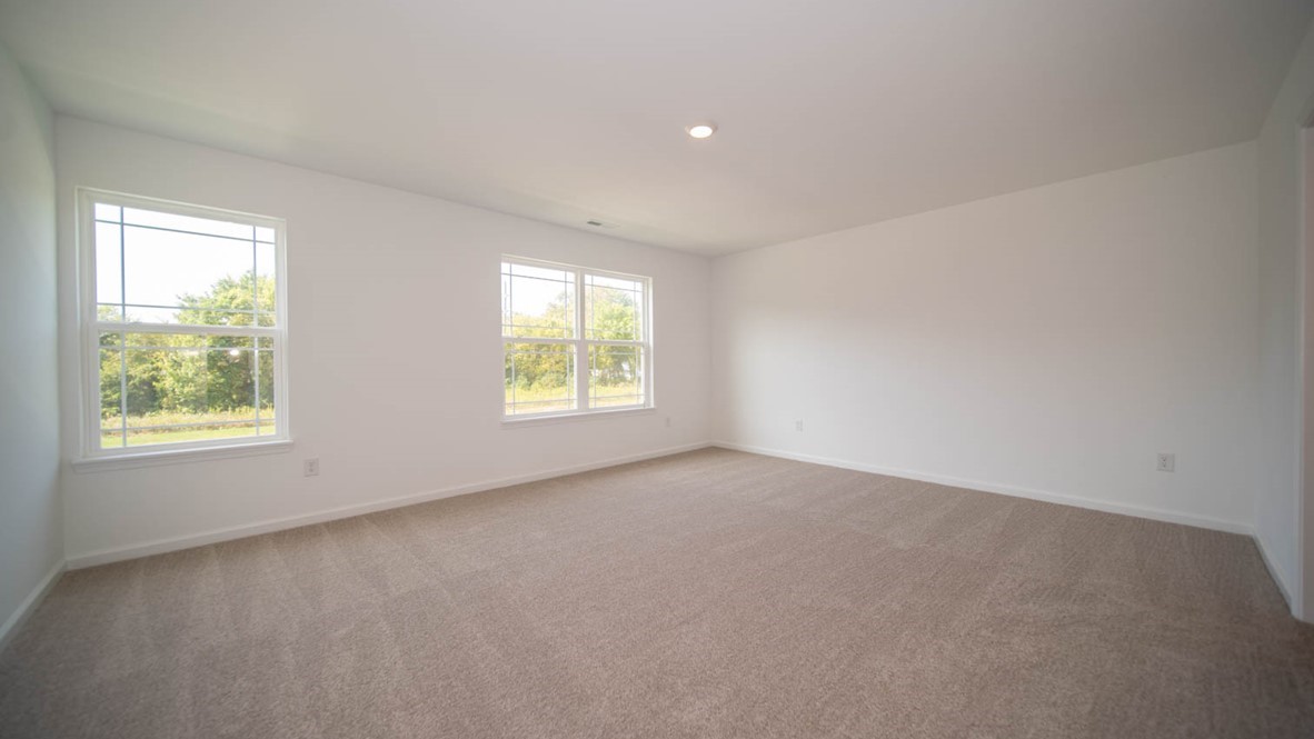 Primary bedroom with three windows and carpet flooring.
