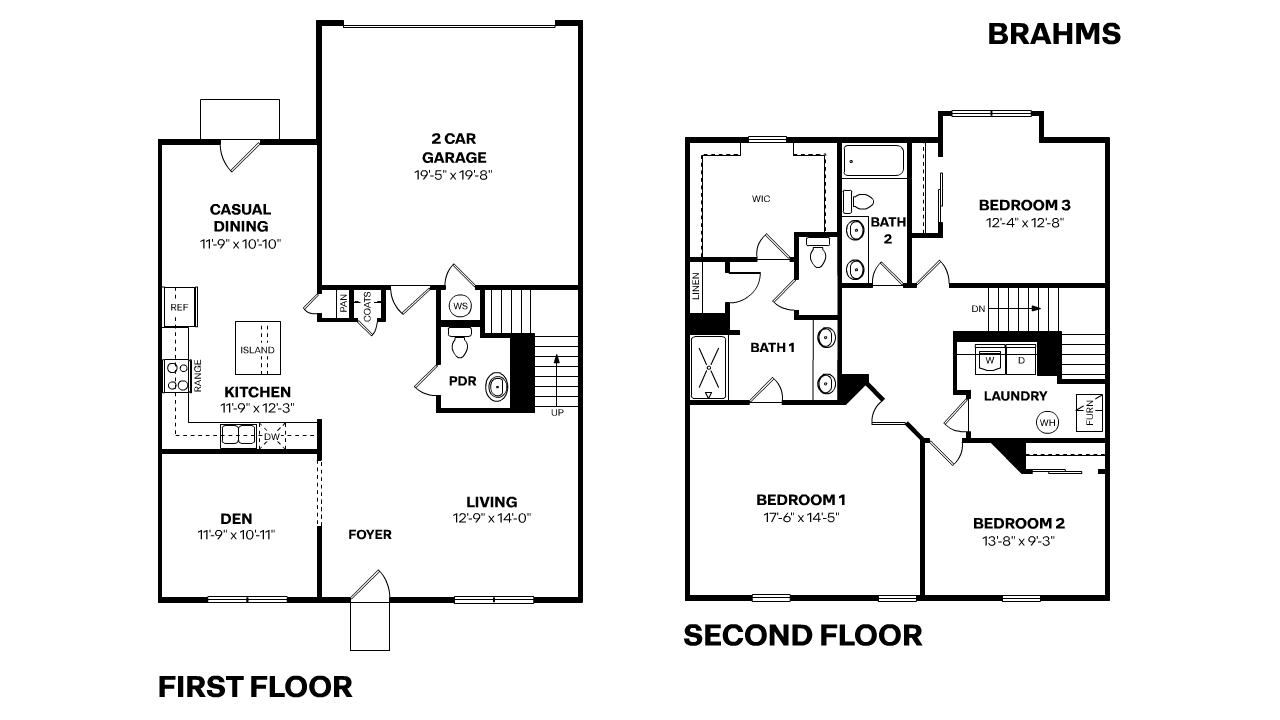 Brahms plans is a two-story townhome floorplan that includes three bedrooms, two-and-a-half bathrooms and a two-car garage at 2,050 square feet.