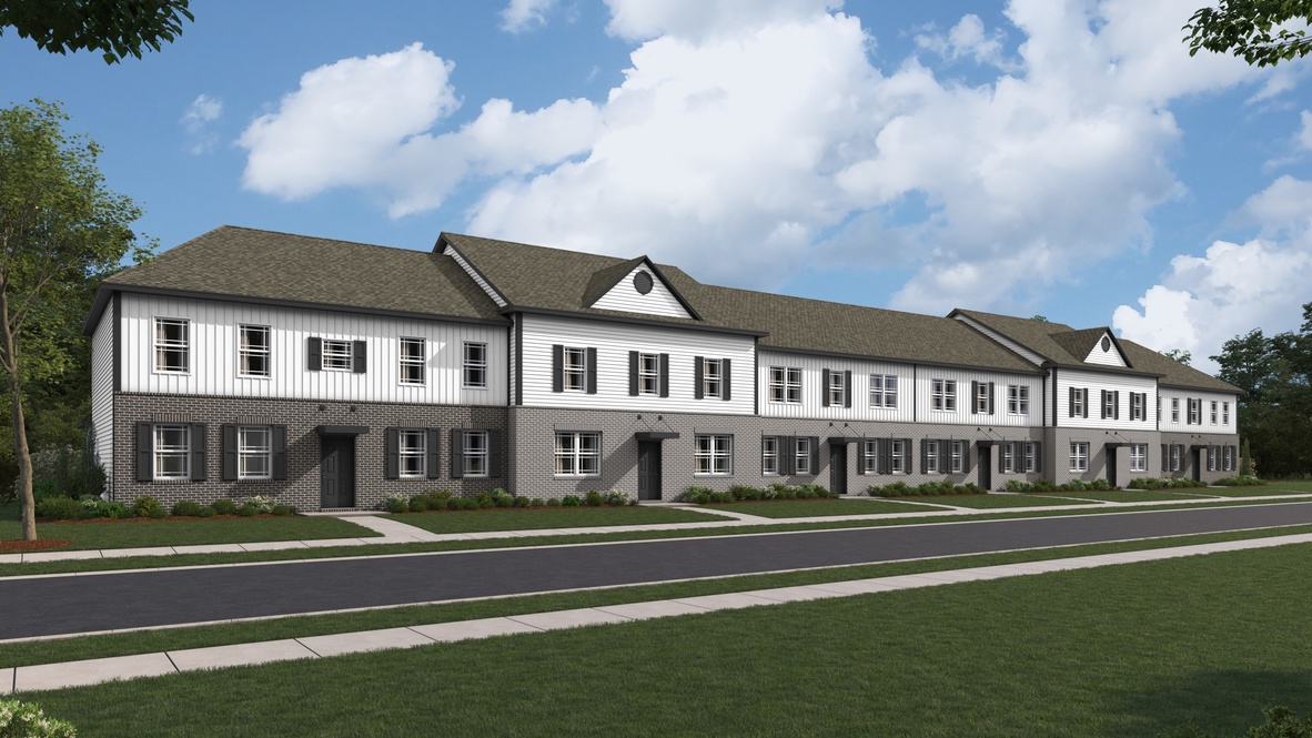 Rendering of a row of two-story townhomes with brick on the first floor and siding on the second floor.
