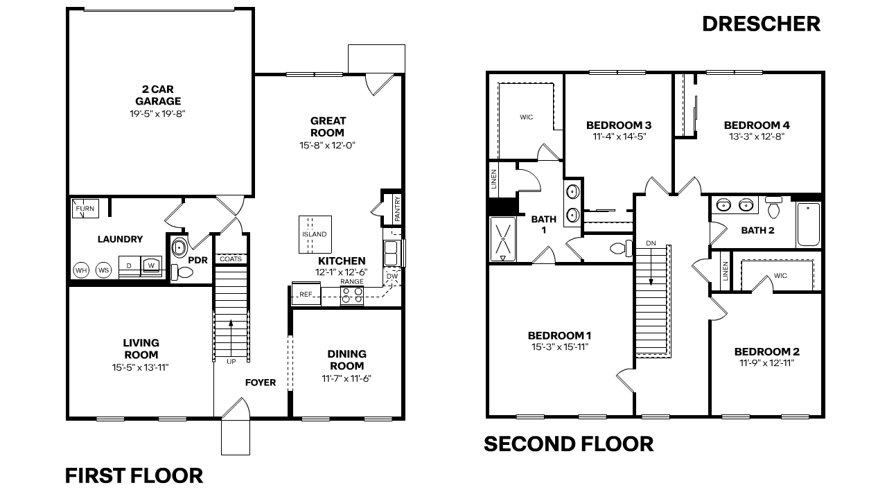 Drescher floorplan is a two-story plan with four bedrooms, two-and-a-half bathrooms, and a two-car garage at 2,430 square feet.