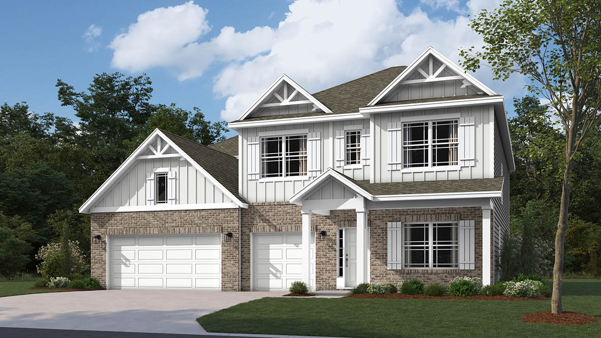 Exterior two-story home with stoned detailing