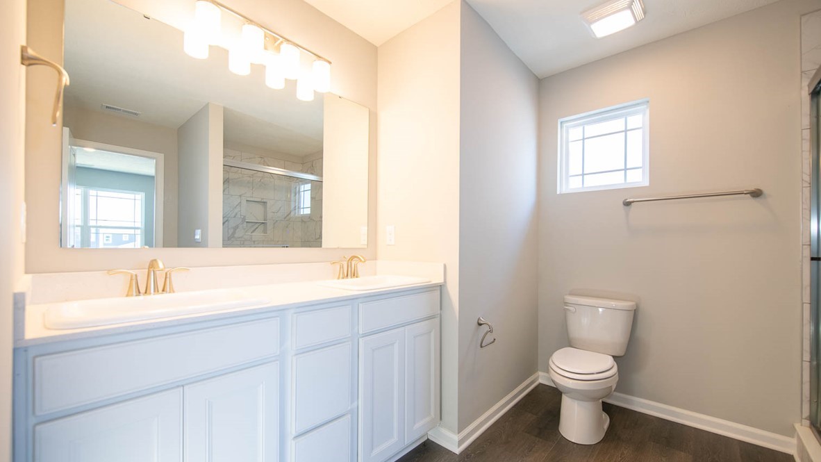 primary bathroom with dual vanity