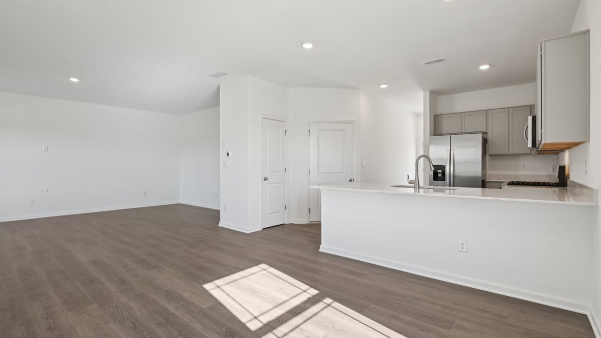 kitchen dining space and living space