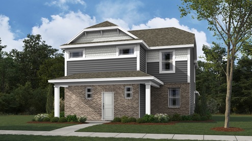 Winston cottage plan rendering with light brown and tan siding